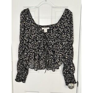 Passport Womens Black Floral Peplum Top Sz Medium Sheer Cropped Boho Long Sleeve